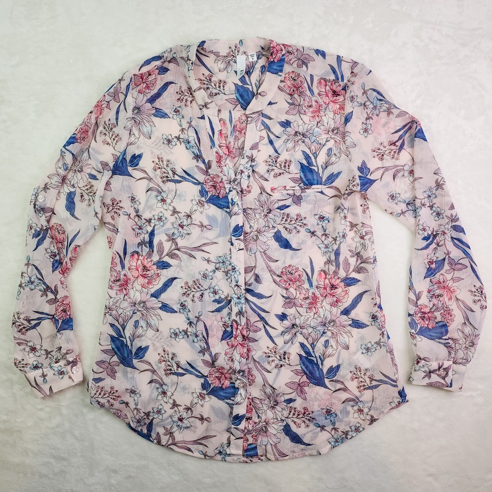 KUT from the Kloth Pink Floral Chiffon Roll Tab Blouse Medium Sheer Cottagecore